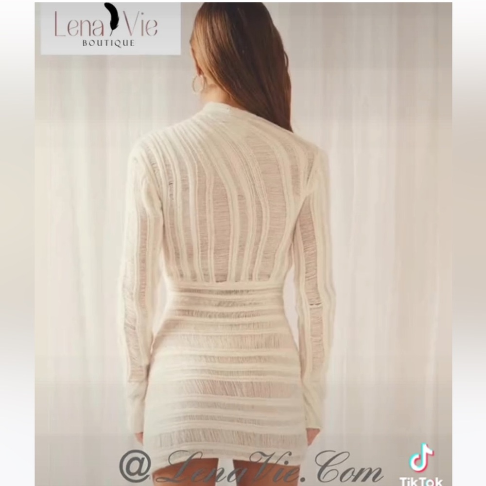 Powder Line Knit Long Sleeve Faux Wrap Cutout Sweater Mini Dress, High Neckline - Picture 4 of 8